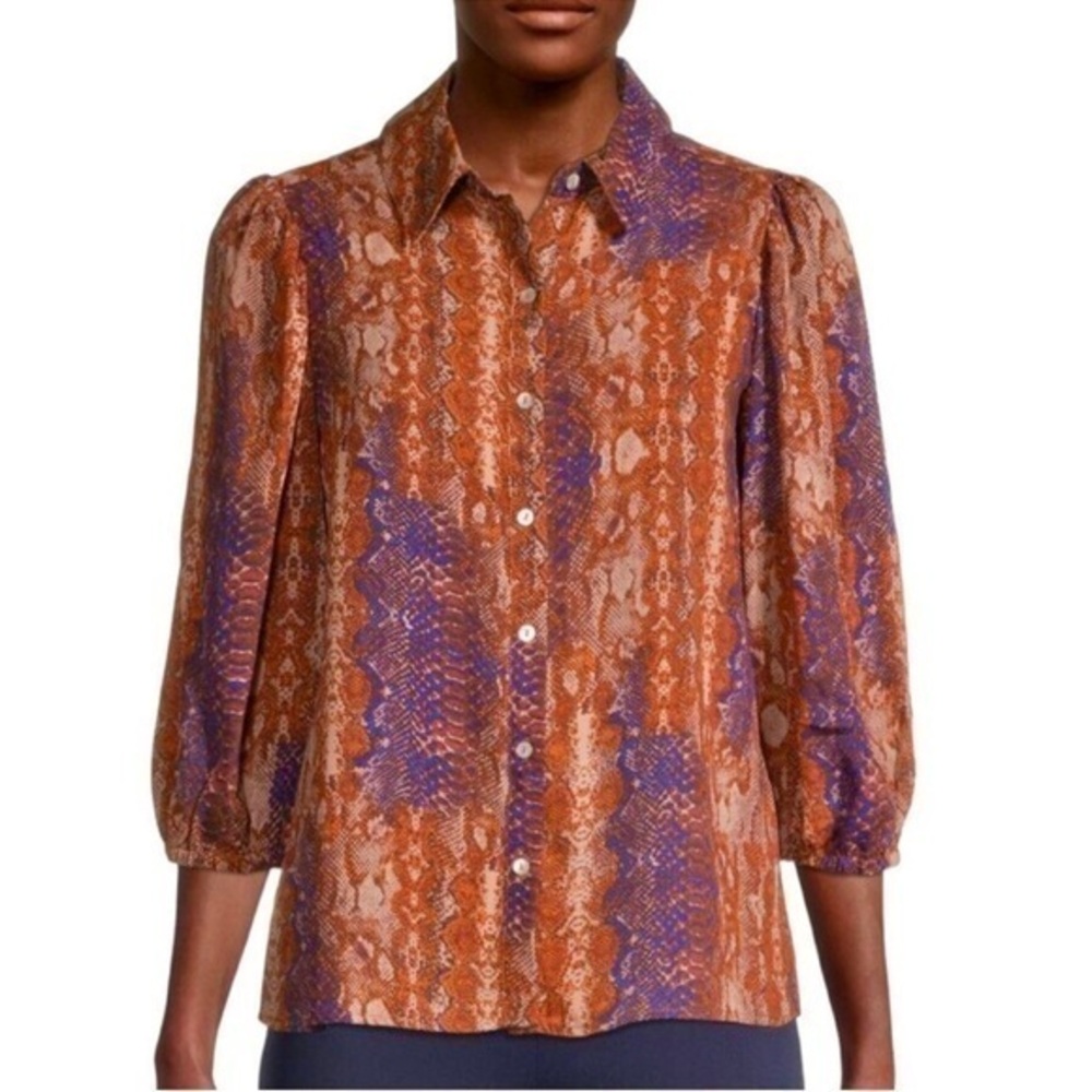 Nanette Lepore Animal Print Button Front Blouse with Bubble cuff Sleeves L